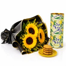 Radiante Buquê de 3 Girassóis e Limonê Lata Biscoitê
