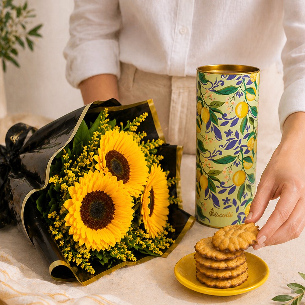 Radiante Buquê de 3 Girassóis e Limonê Lata Biscoitê