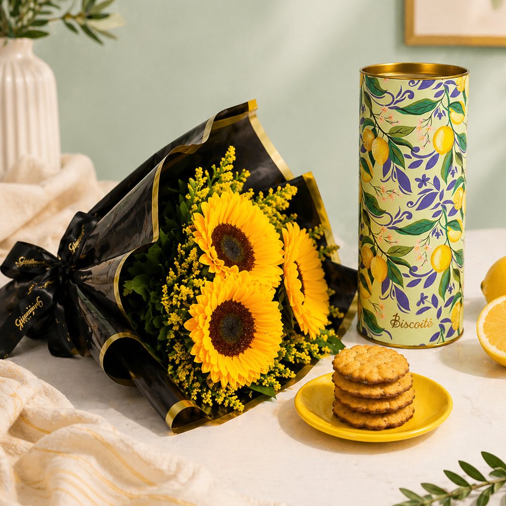 Radiante Buquê de 3 Girassóis e Limonê Lata Biscoitê