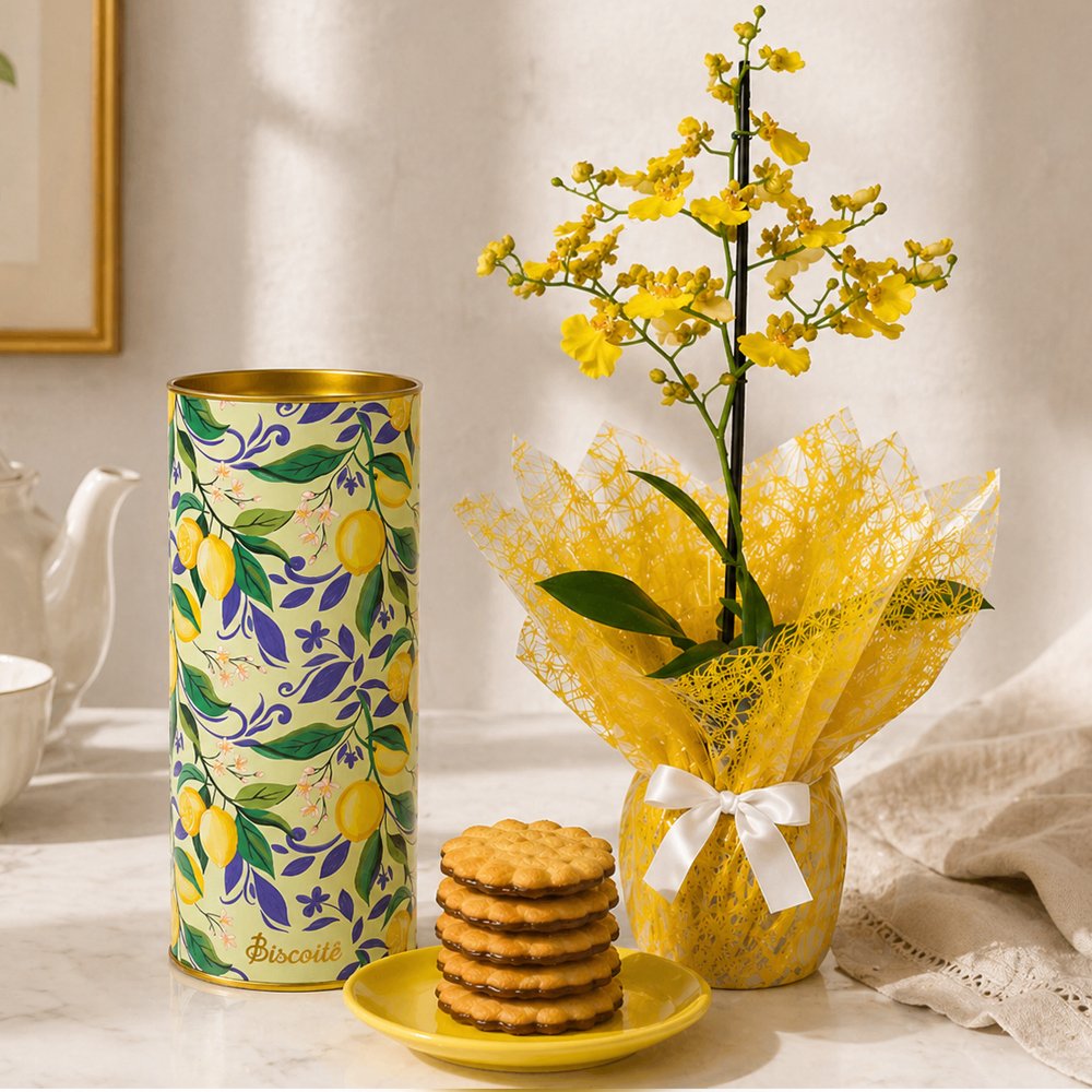 Mini Orquídea Chuva de Ouro e Limonê Lata Biscoitê