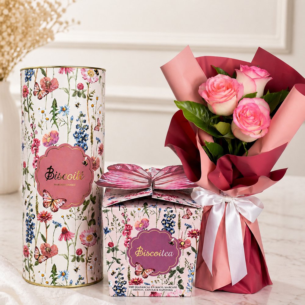 Buquê Trio de Rosas Cor de Rosa e Biscoitos Biscoitê