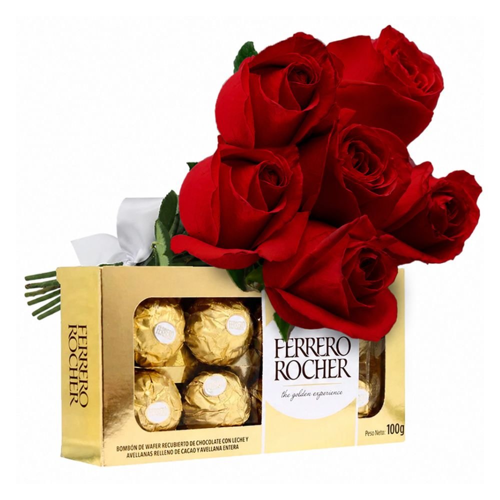 Buquê de 6 Rosas Vermelhas e Ferrero