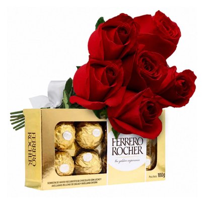 Buquê de 6 Rosas Vermelhas e Ferrero