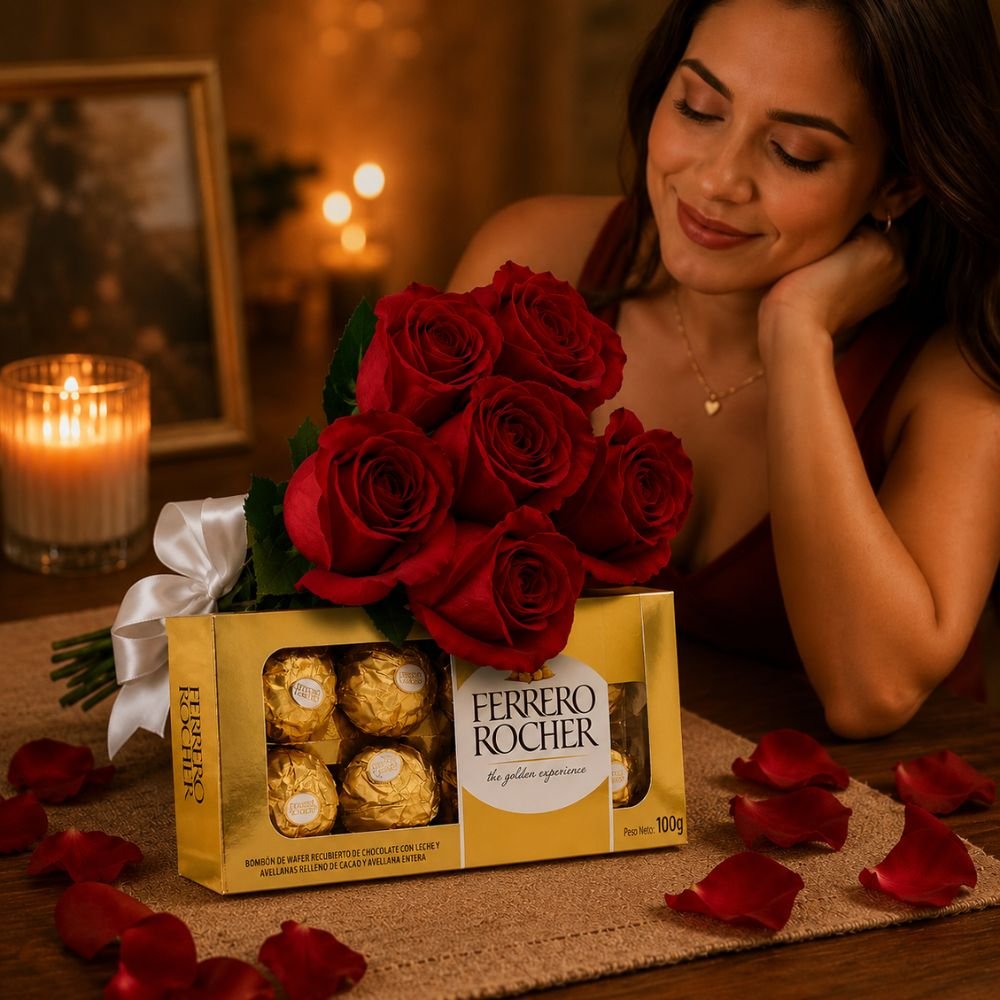 Buquê de 6 Rosas Vermelhas e Ferrero