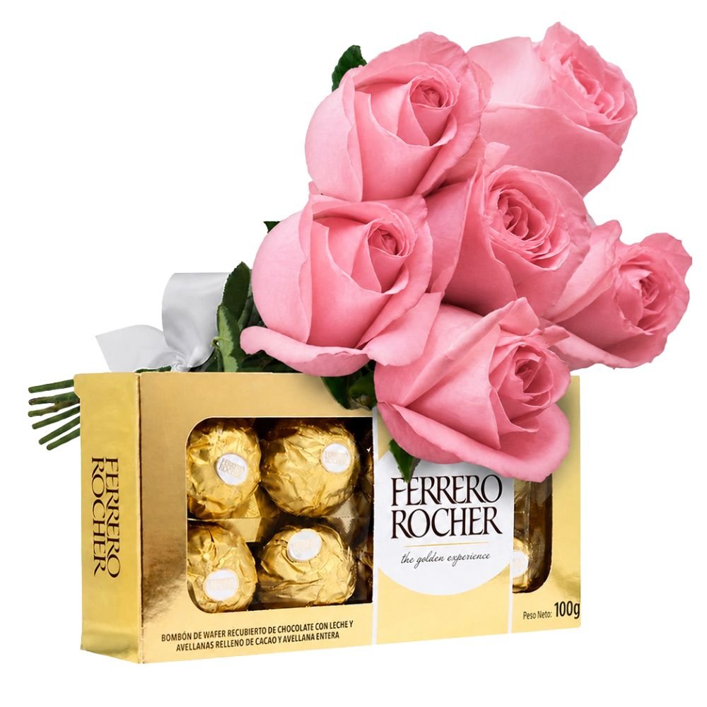 Buquê de 6 Rosas Pink e Ferrero