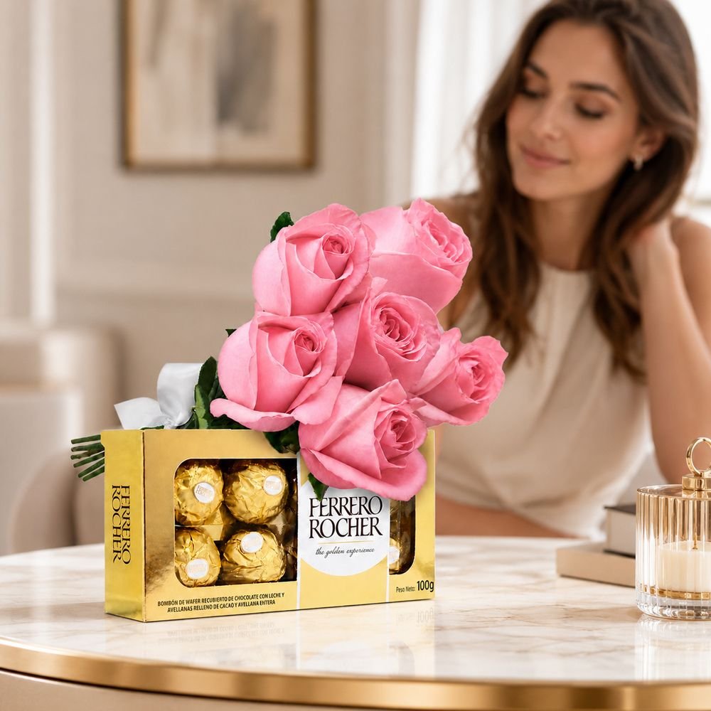 Buquê de 6 Rosas Pink e Ferrero