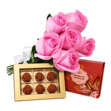 Buquê de 6 Rosas Pink e Caixa de Bombom de Chocolate - Giuliana Flores
