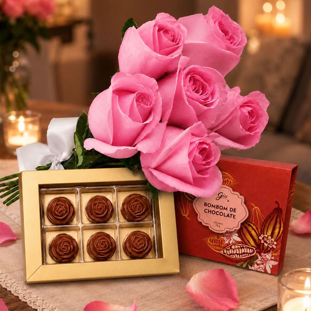 Buquê de 6 Rosas Pink e Caixa de Bombom de Chocolate - Giuliana Flores