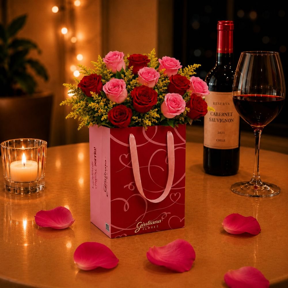 Buquê de 12 Rosas Vermelhas e Cor de Rosa na Bag Love
