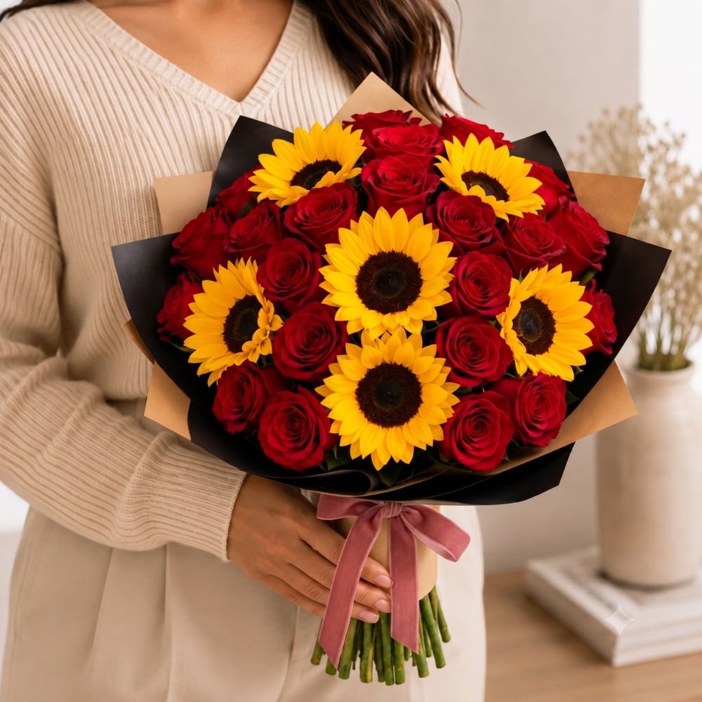Buquê de 6 Girassóis e 24 Rosas Vermelhas