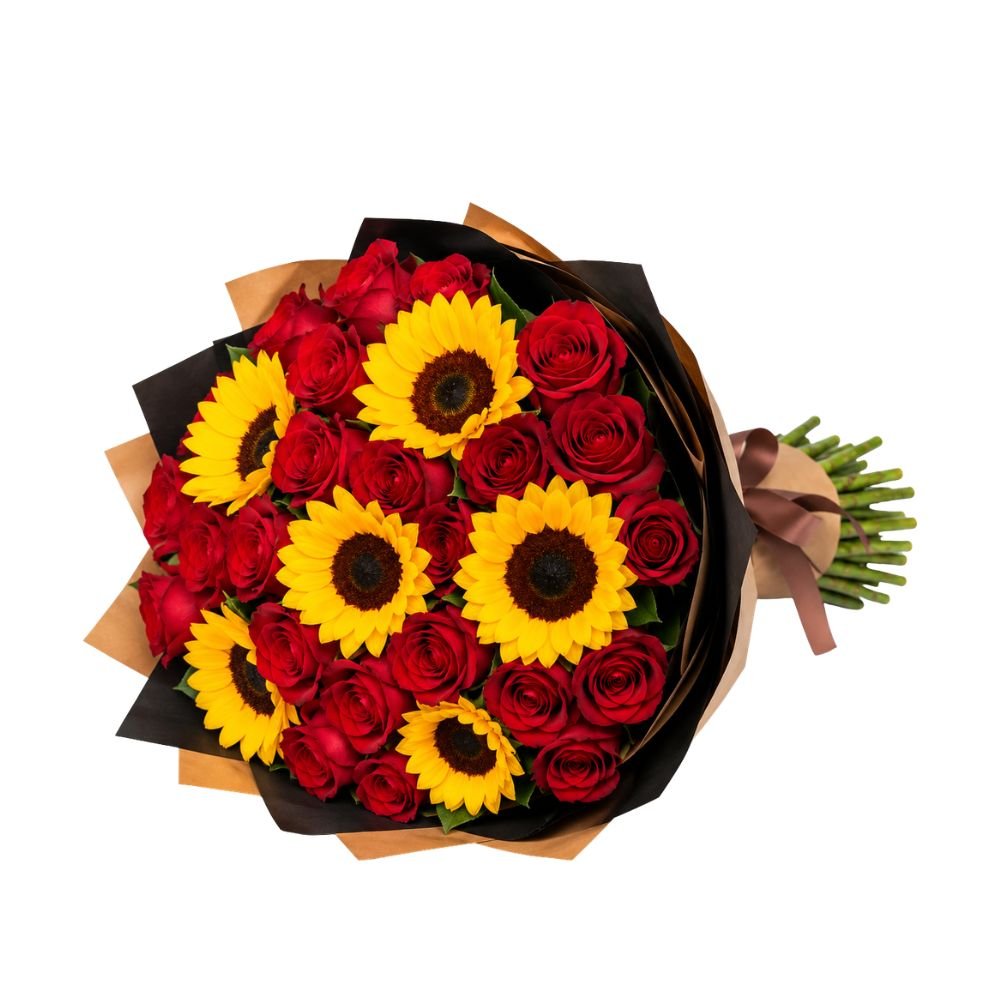 Buquê de 6 Girassóis e 24 Rosas Vermelhas