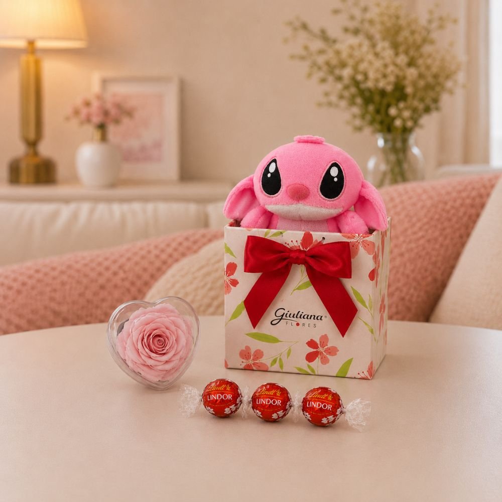 Box Carinho com Pelúcia Angel e Mini Coração Encantado e Lindt