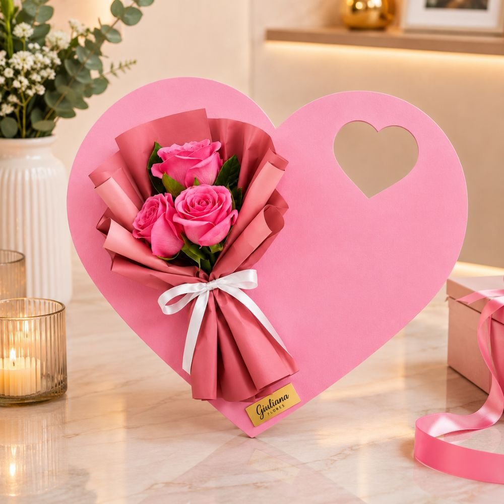 Buquê Trio de Rosas Pink - Meu Coração em Suas Mãos