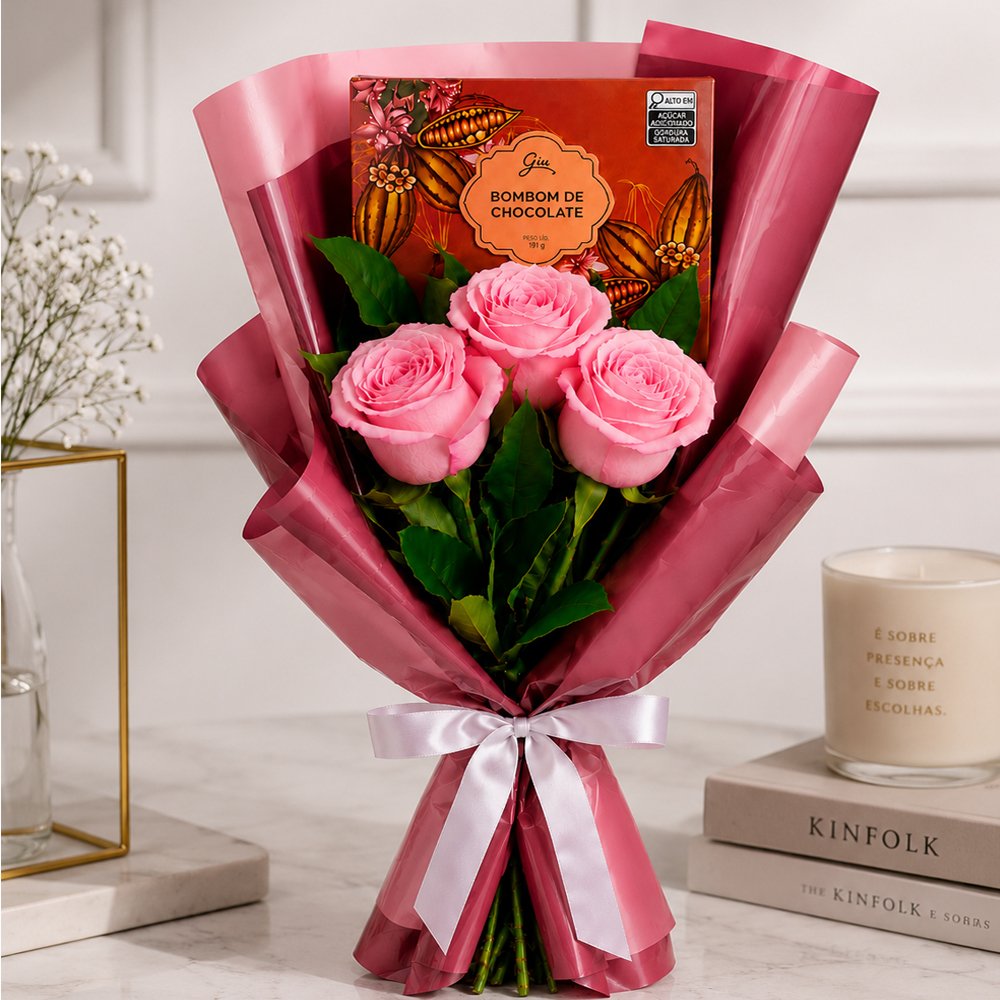 Buquê Trio de Rosas Cor de Rosa e Chocolate Giuliana Flores