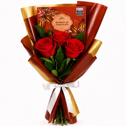 Buquê Trio de Rosas Vermelho e Chocolate Giuliana Flores