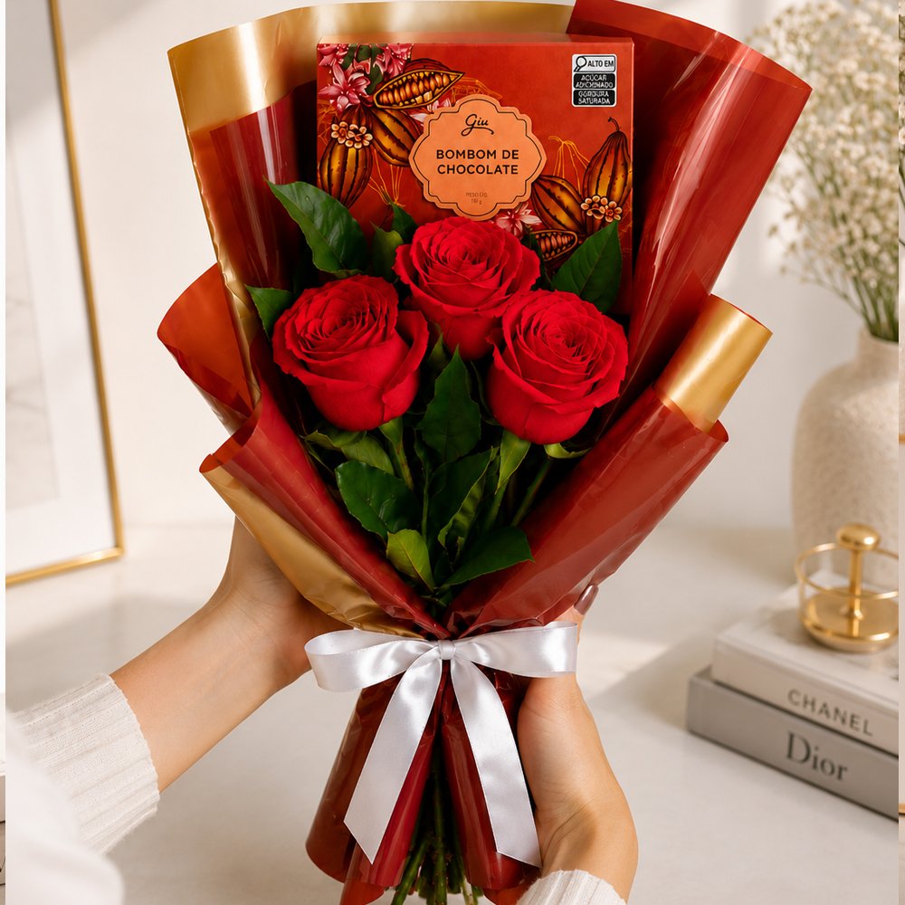 Buquê Trio de Rosas Vermelho e Chocolate Giuliana Flores