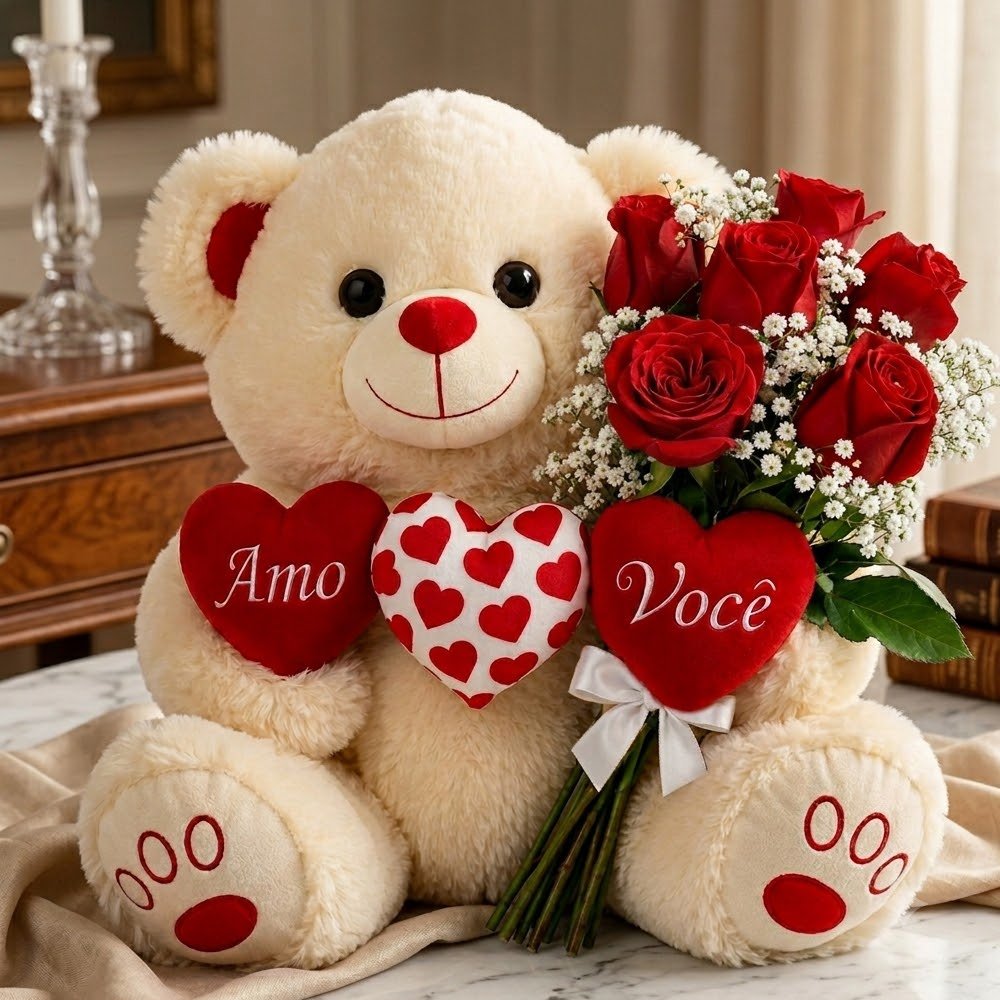 Urso de Pelúcia 3 Corações e Buquê de Rosas Vermelhas