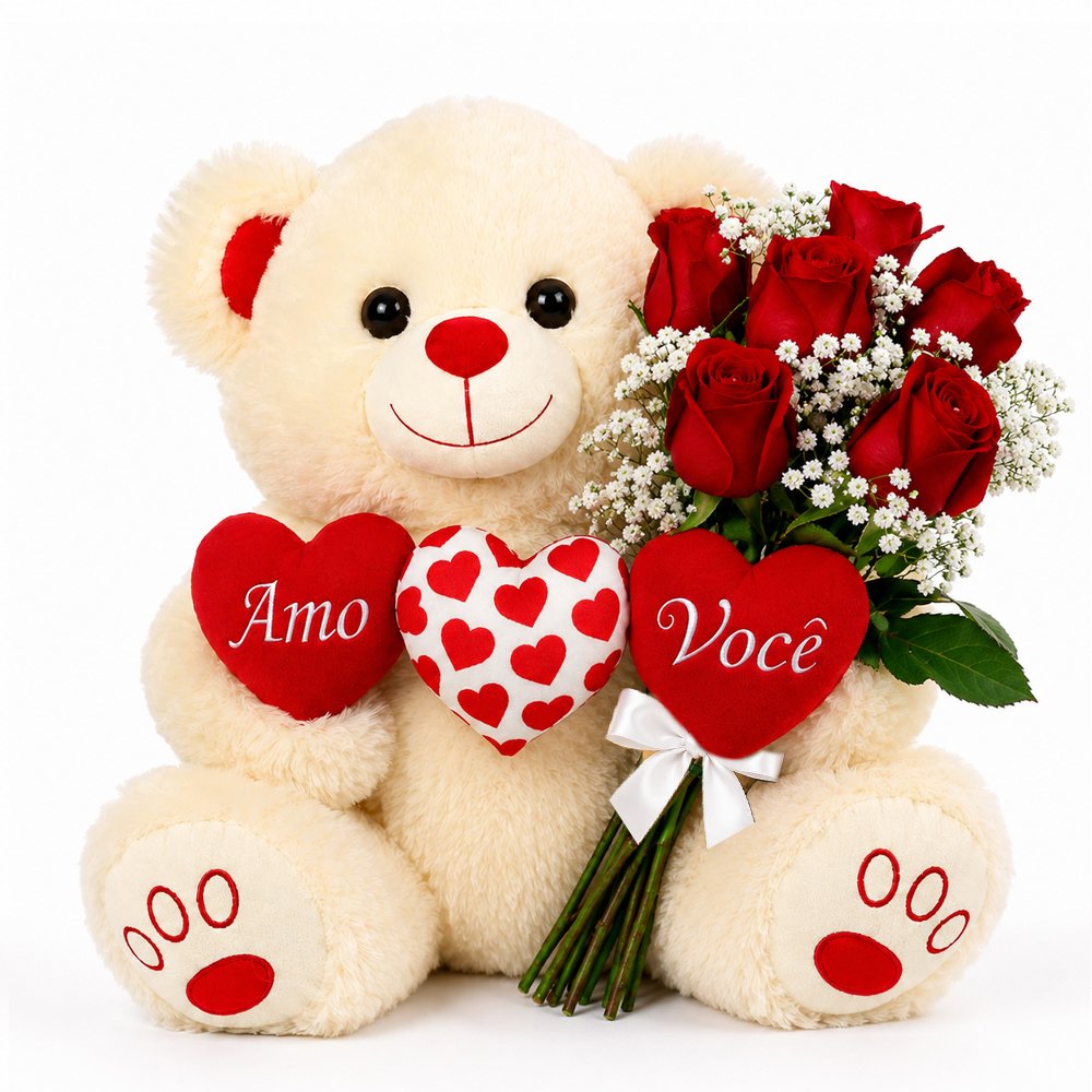 Urso de Pelúcia 3 Corações e Buquê de Rosas Vermelhas