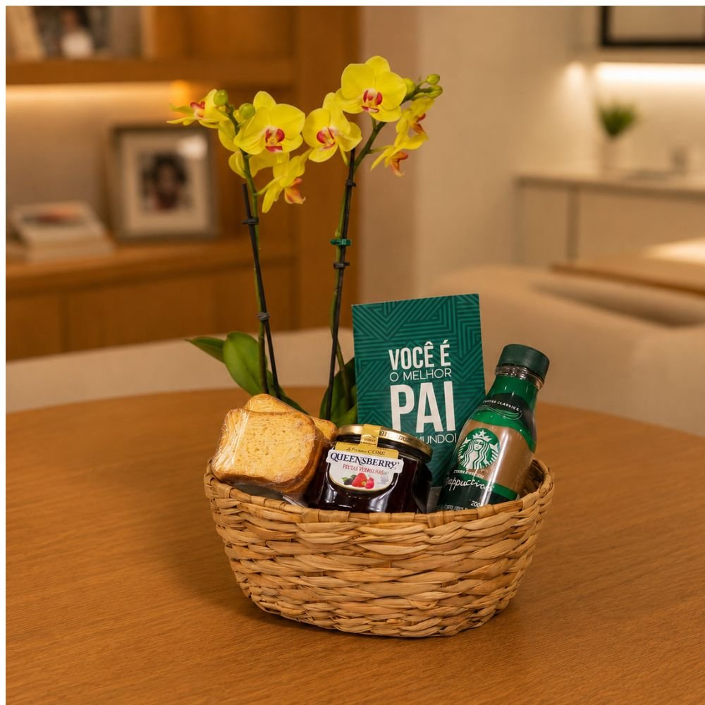 Cesta Aurora com Orquídea Amarela e Frappuccino Starbucks