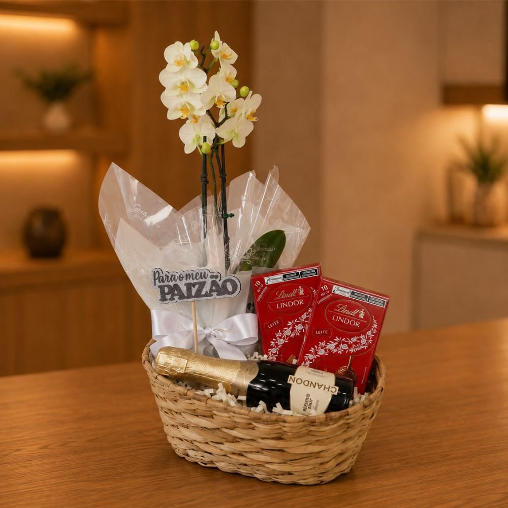 Cesta Aurora com Orquídea Branca e Lindt e Chandon Baby
