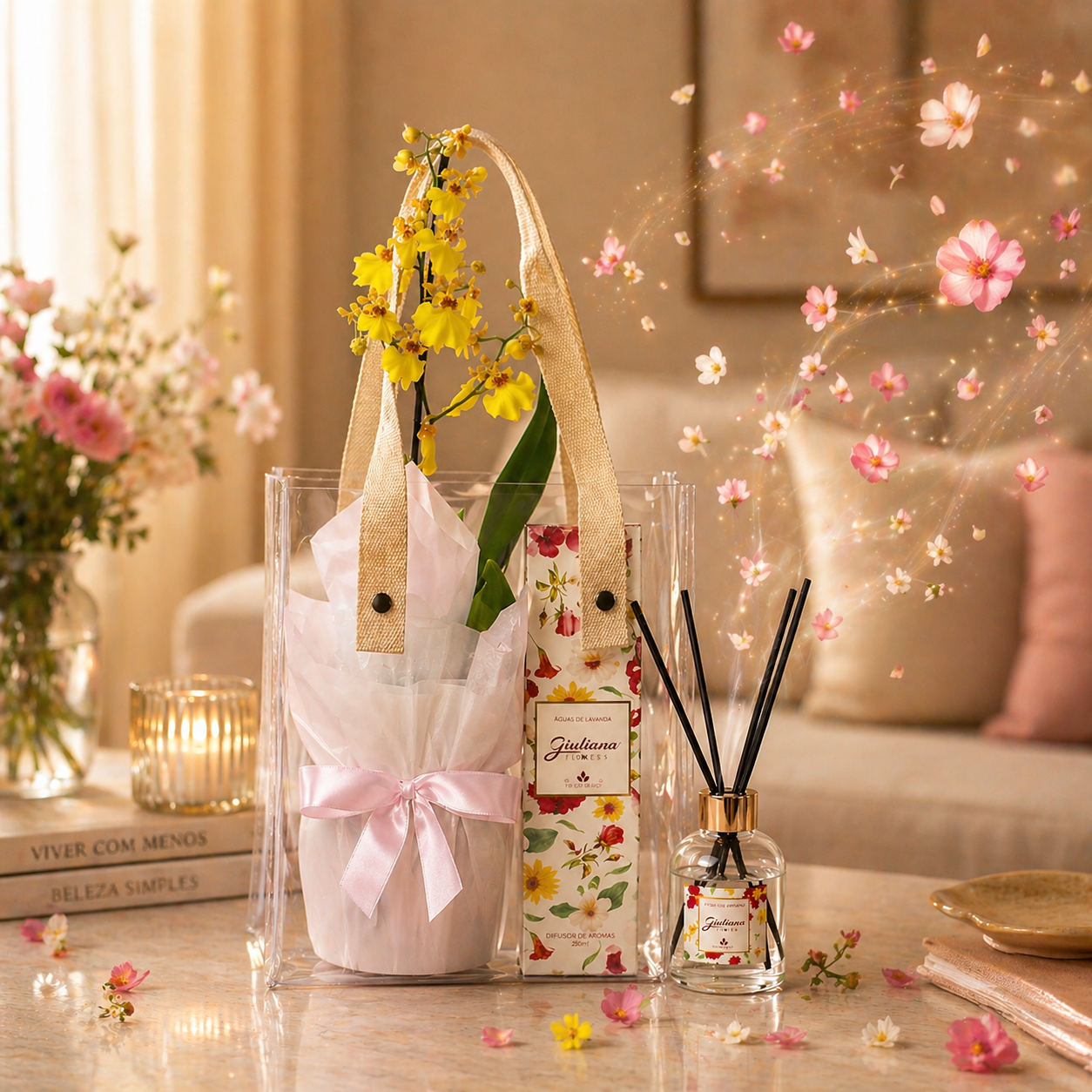 Difusor Encontro Floral Giuliana Flores e Bolsa Cristal Chuva de Ouro