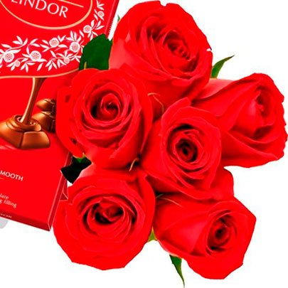 Buquê de 6 Rosas Vermelhas e Chocolates Lindt