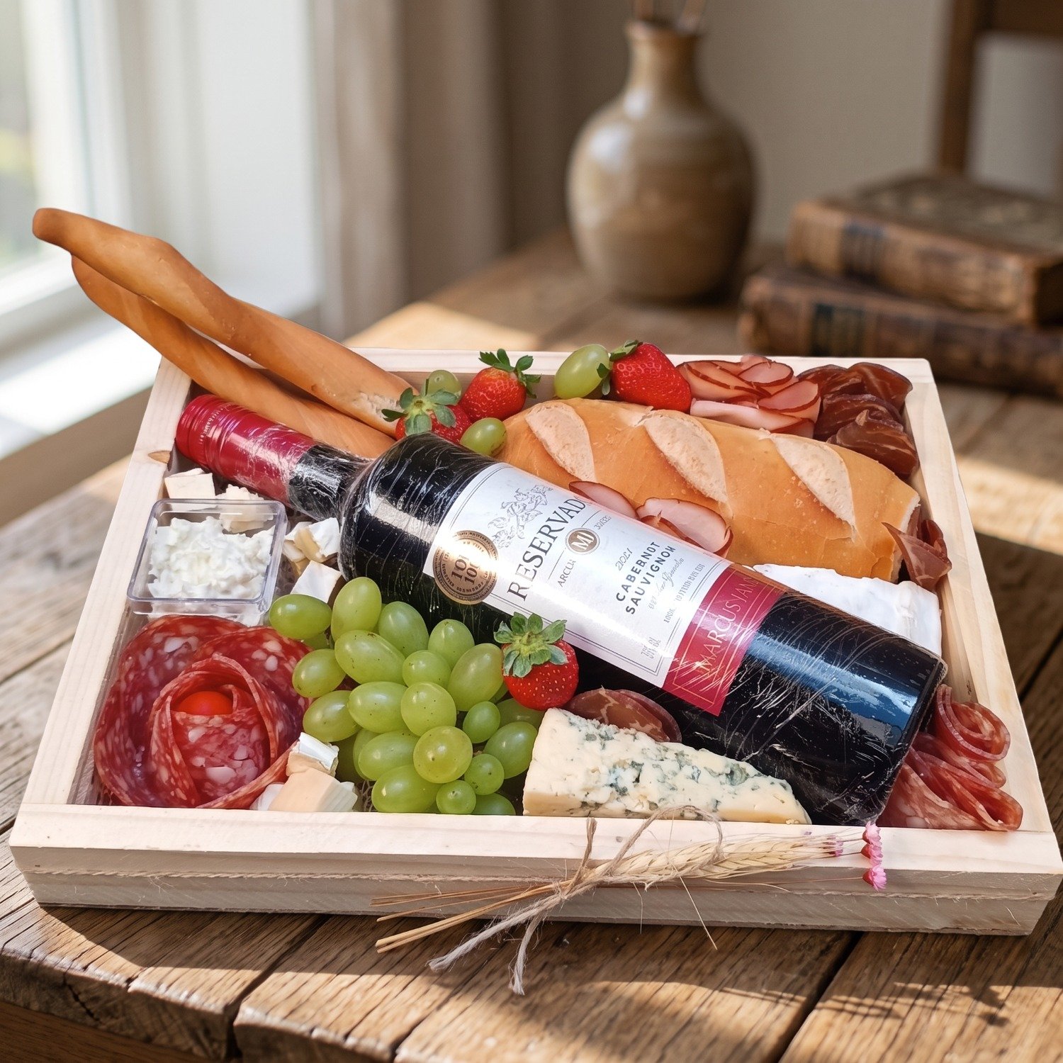 Cesta gourmet muito queijo, frutas e vinho importado