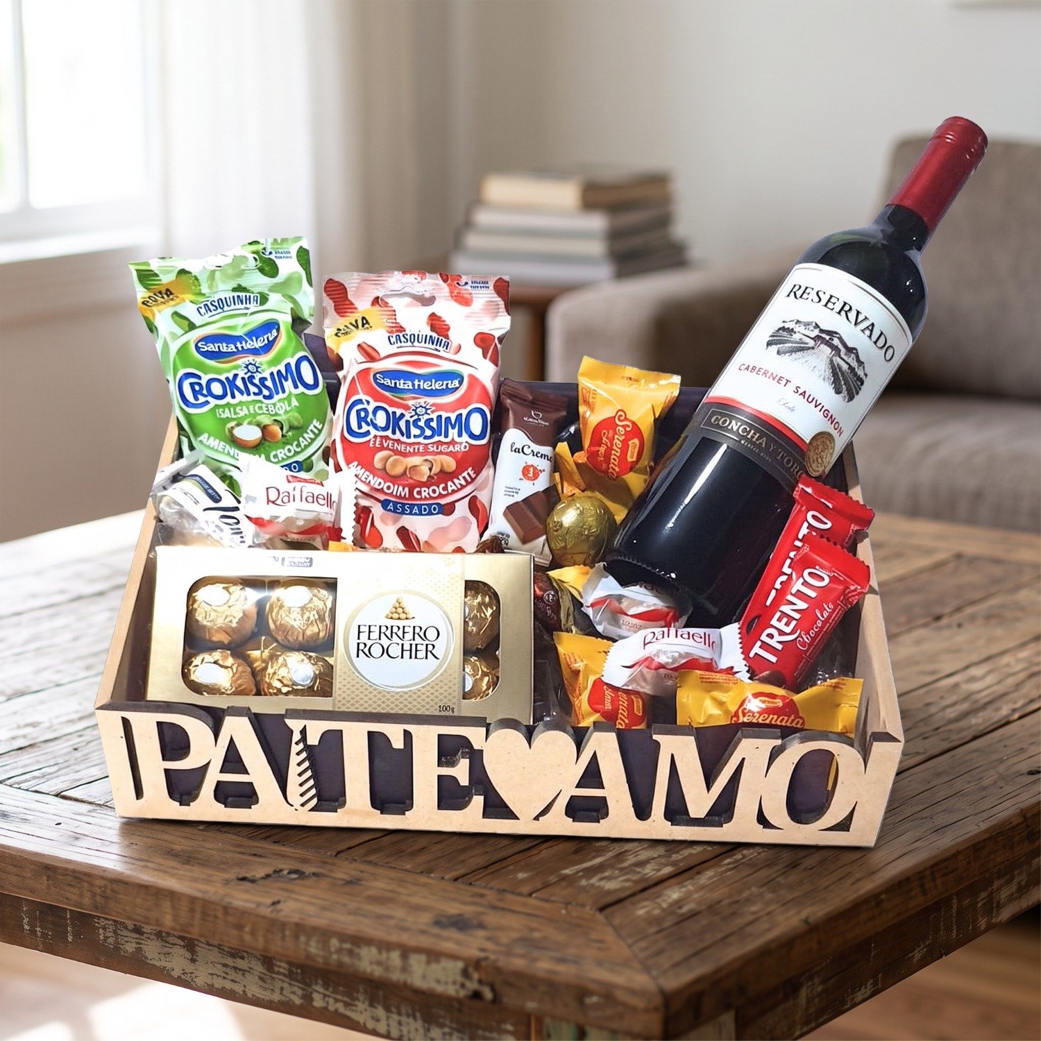 Cesta Presente Pai T e Amo com Vinho Snacks Chocolates