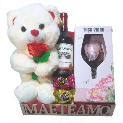 Cesta Mãe Te Amo Com Urso Taça E Vinho