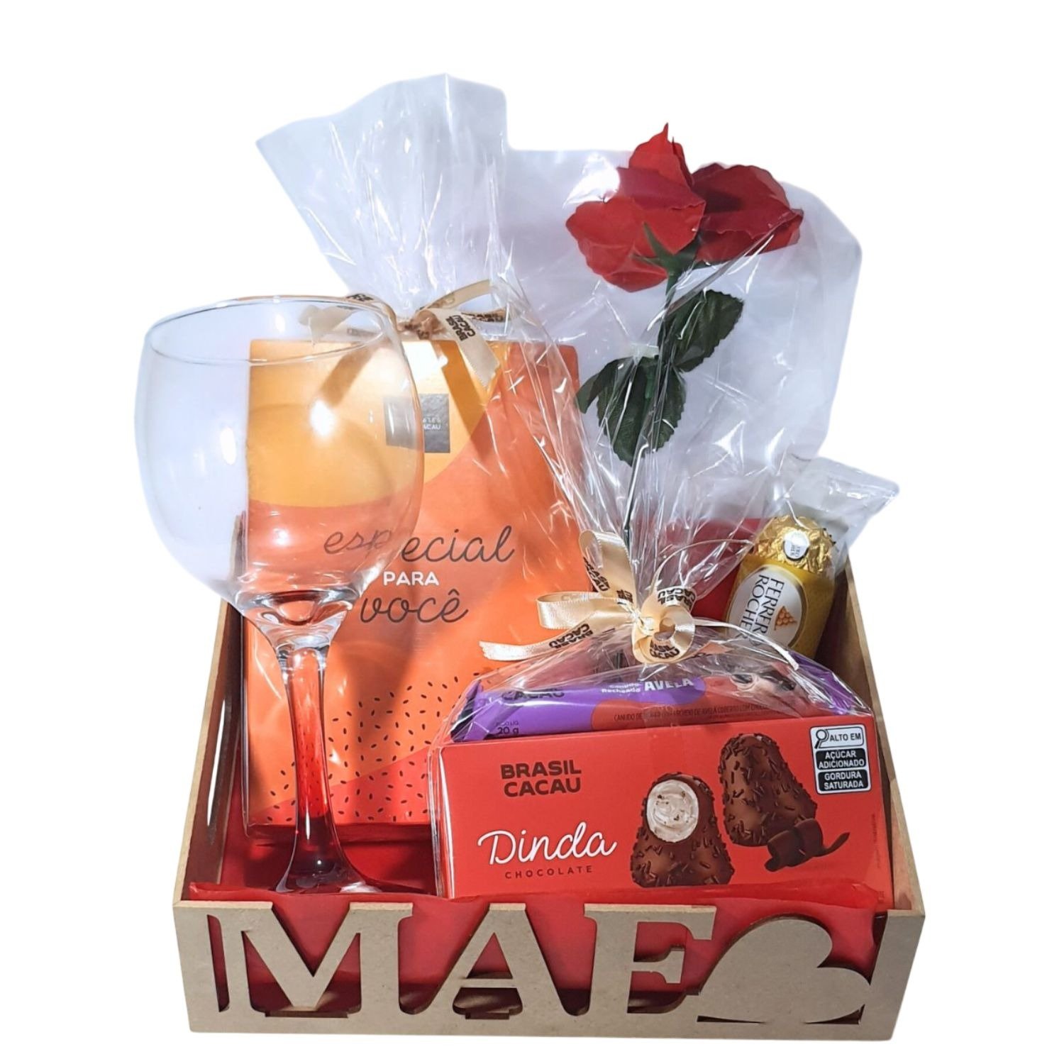 Cesta Dia Das Mães Taça, Chocolates Especiais e Rosa