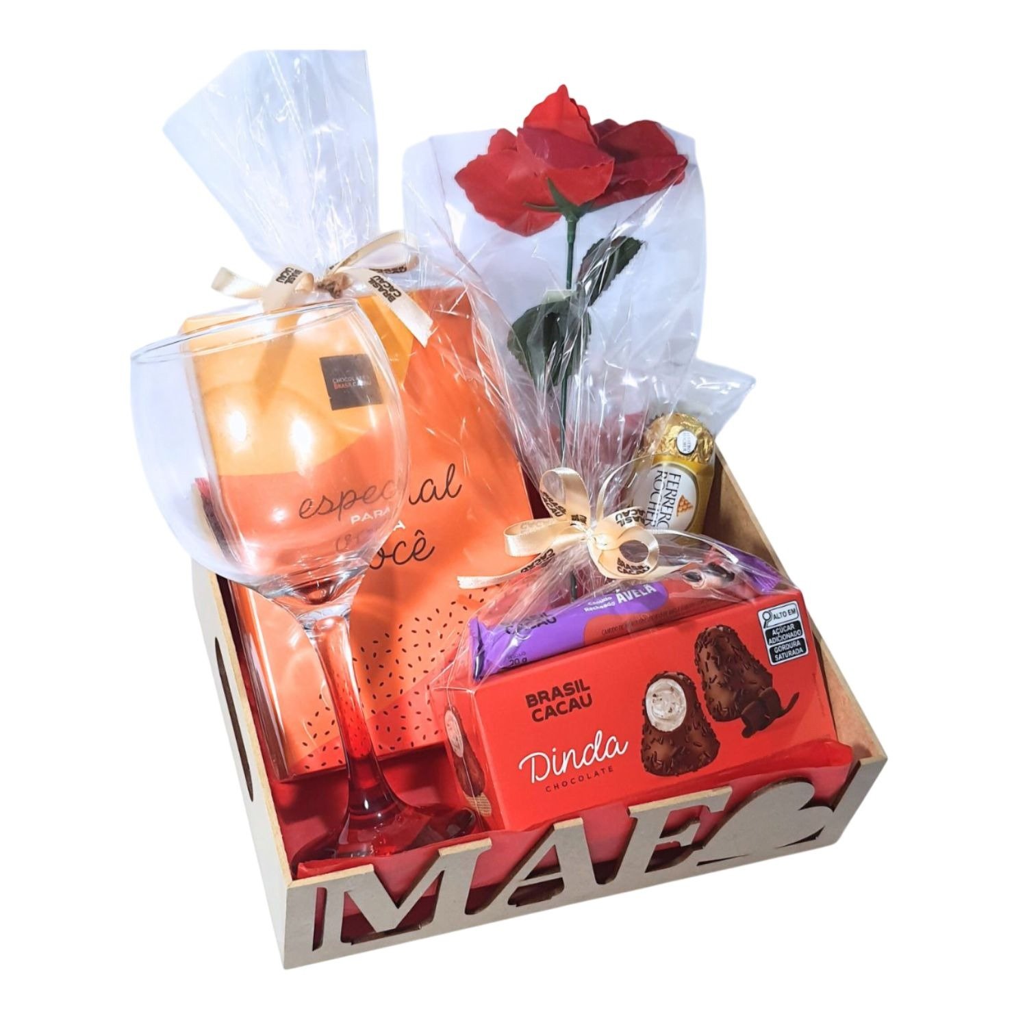 Cesta Dia Das Mães Taça, Chocolates Especiais e Rosa