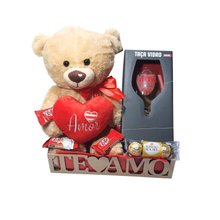 Cesta Paixão, Eu Te Amo, com Urso e Taça de Vinho