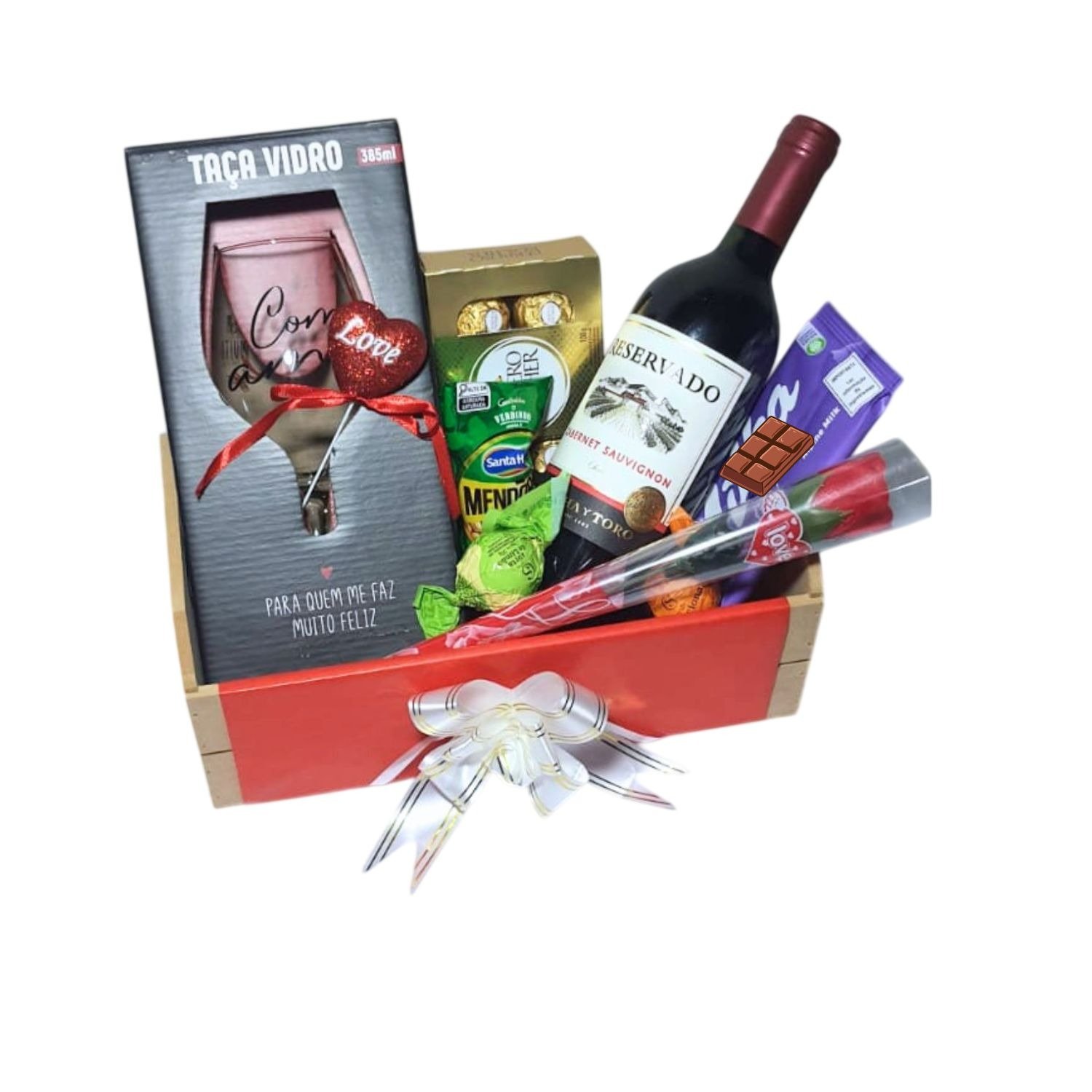 Cesta Premium Namorados Taça Vinho Flor e Chocolates