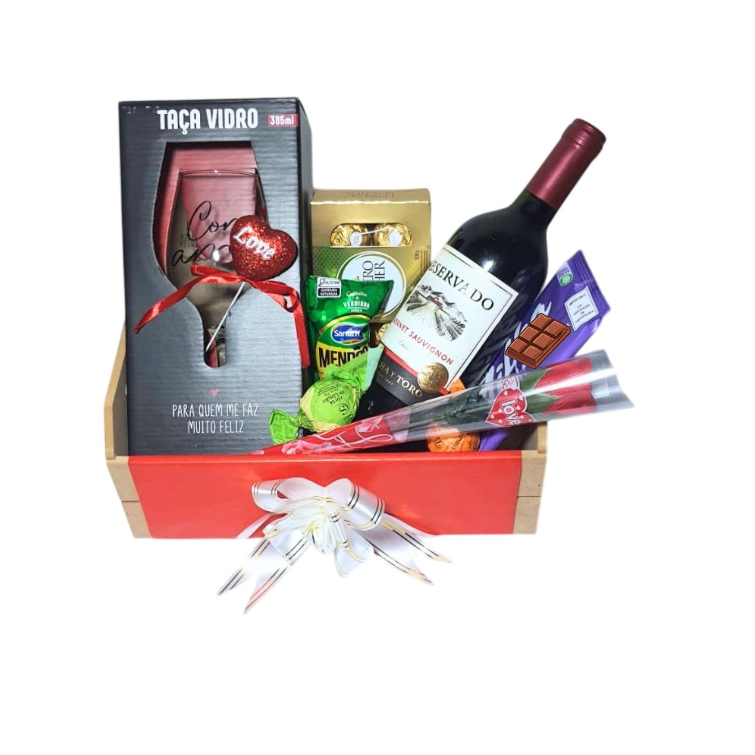 Cesta Premium Namorados Taça Vinho Flor e Chocolates