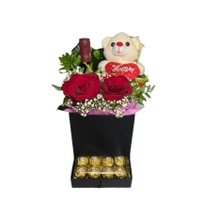 Box Luxo Vinho, Urso e Rosas