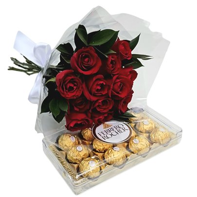 Buquê Clássico com 12 Rosas Vermelhas com Ferrero
