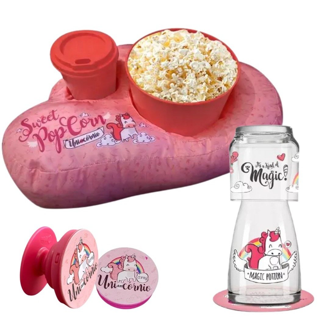 Porta Pipoca Moringa e suporte de celular Unicórnio