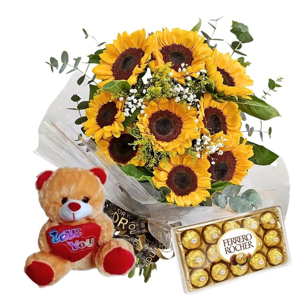 Buquê Luxo 9 Girassóis Pelúcia e Ferrero Rocher