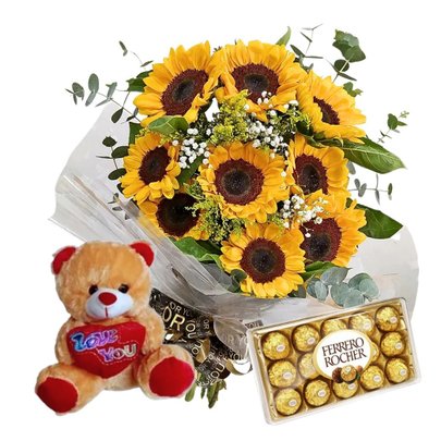 Buquê Luxo 9 Girassóis Pelúcia e Ferrero Rocher