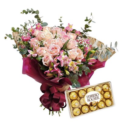 Buquê Luxo de 20 Rosas Cor de Rosa com Ferrero