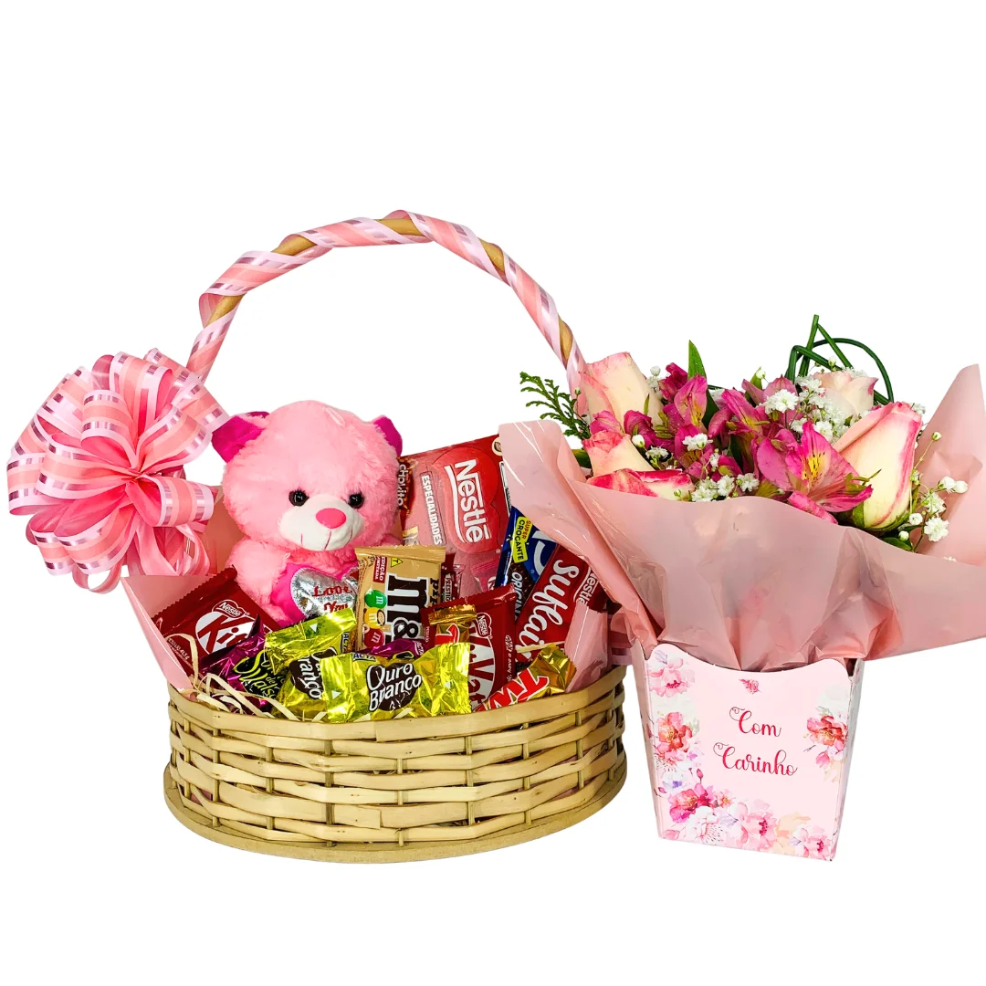 Cesta de Chocolates com Pelúcia e Arranjo de Rosas