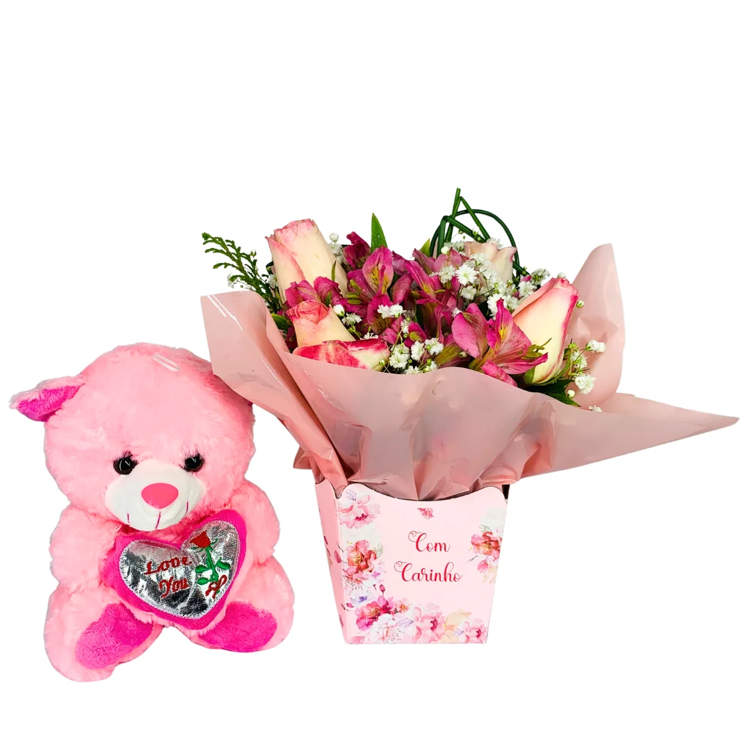 Cesta de Chocolates com Pelúcia e Arranjo de Rosas
