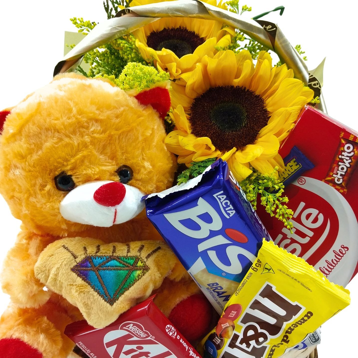 Cesta de Girassóis com Chocolates e Pelúcia