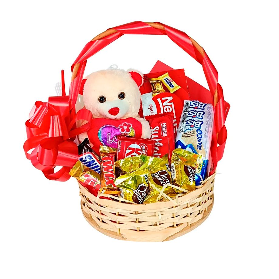 Abraço Doce Chocolates e Pelúcia em Cesta Encantadora