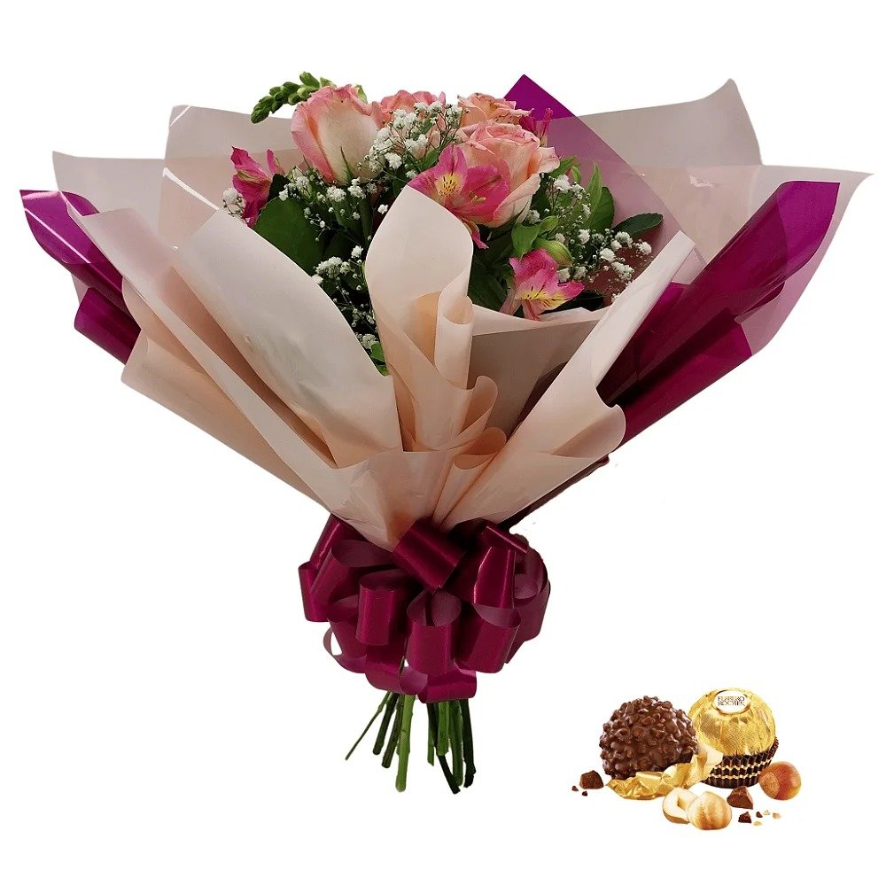 Buquê de 4 Rosas Cor de Rosa com Ferrero Rocher