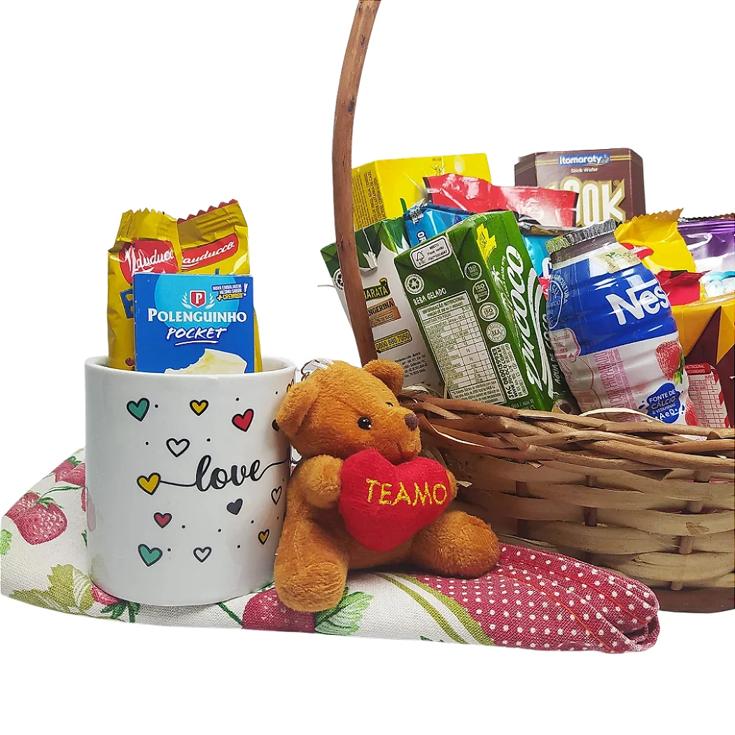Cesta de Café da Manhã com Caneca e Chaveiro e Pelúcia