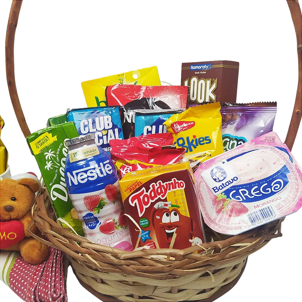 Cesta de Café da Manhã com Caneca e Chaveiro e Pelúcia