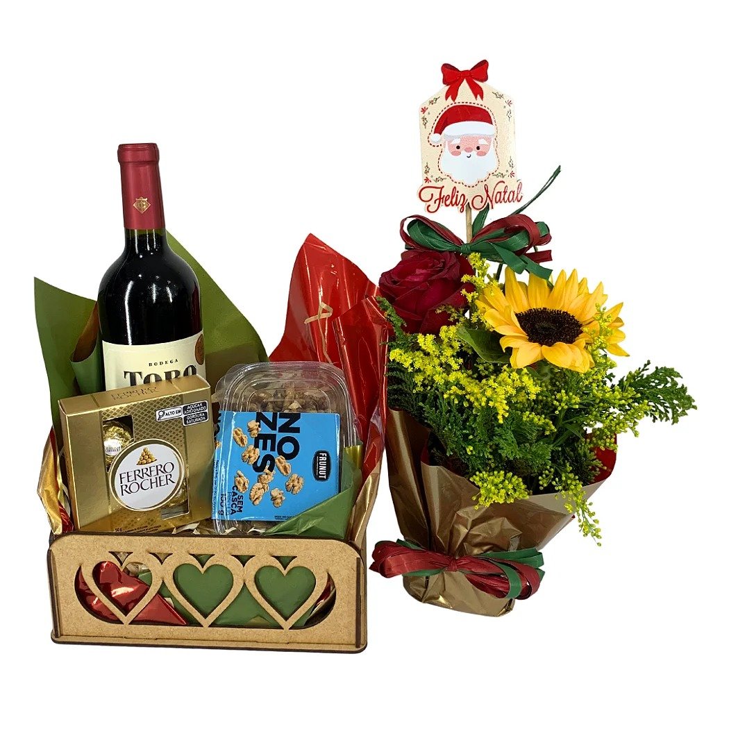 Bandeja Natal com Vinho e Arranjo de Flores