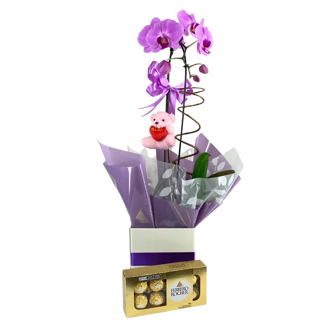 Orquídea Lilás Com Pelucia Chaveiro e Ferrero rocher