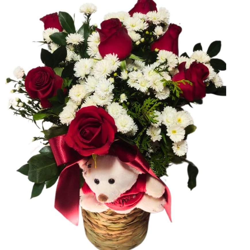 Arranjo 7 Rosas Com Pelúcia 
